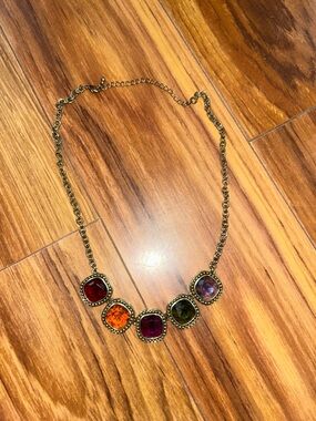 Retro Multi-Color Gemstone Statement Necklace - Gold Tone
